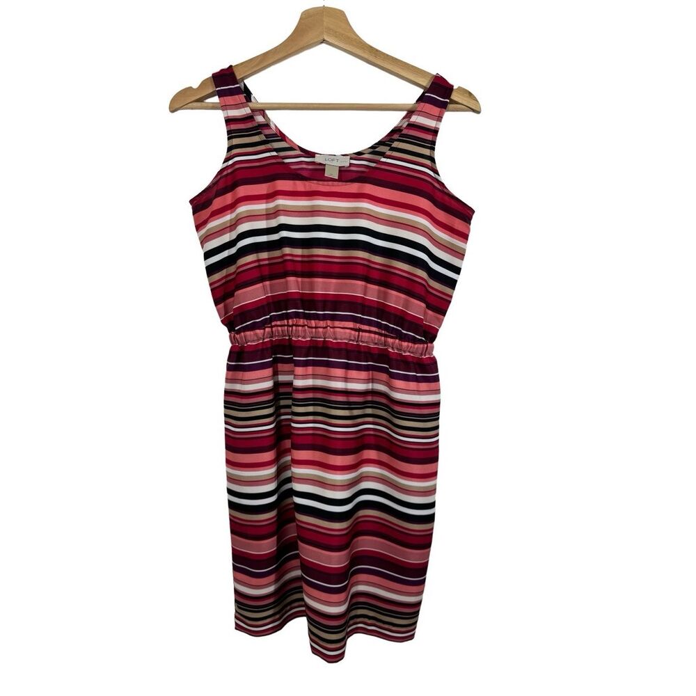 LOFT Red Striped Sleeveless A-line Dress Size 2P Elastic Waist Scoop Neck Casual